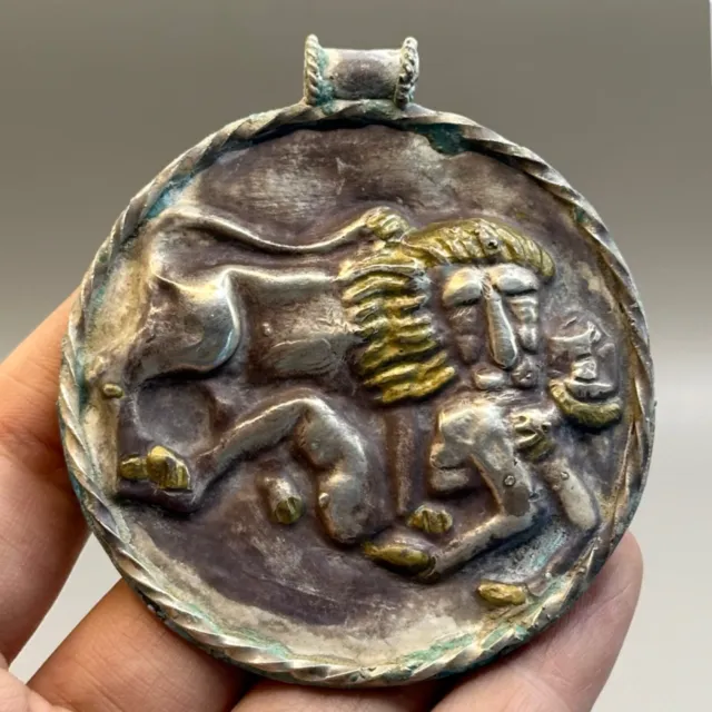 Ancient Greek Solid Silver Lion Hunting Scene Pendant With 18k Gold Gilding Work