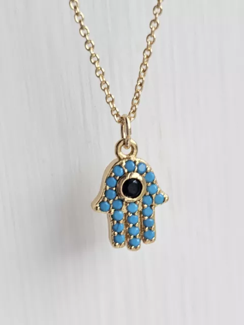 Pave TURQUOISE HAMSA Necklace Gold Plated Dainty Choker With Blue Evil Eye Gift