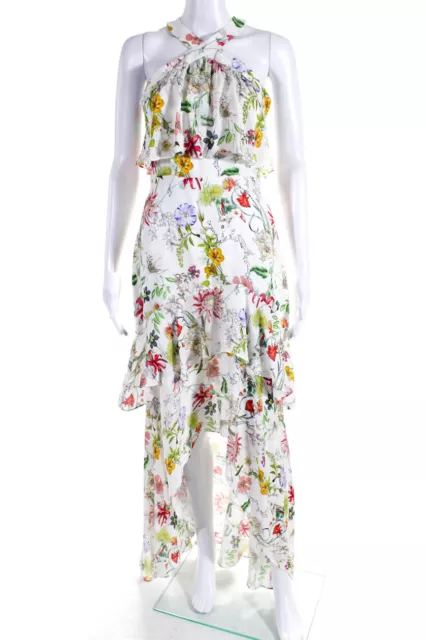 Parker Womens White Silk Floral Halter Ruffle Sleeveless Hi-Low Dress Size 2