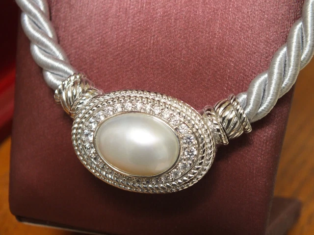 Judith Ripka Magnetic Silk Cord Necklace with Pearl and CZ Pendant 925 Silver Judith Ripka Magnetic Silk Cord Necklace with Pearl and CZ Pendant 925 Silver