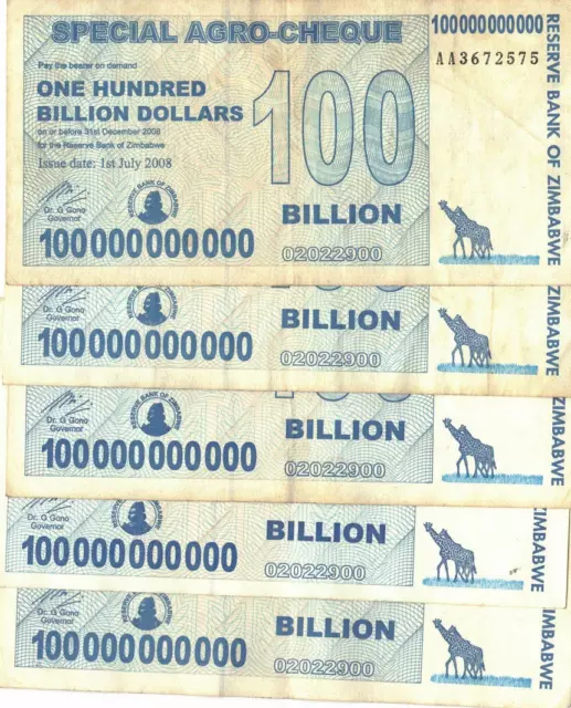 Zimbabwe 100 Billion Special Agro Cheque 2008, P-64 USED x 5 pcs