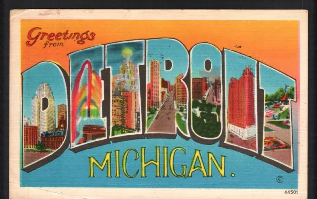 Postcard Greetings From Detroit MI Large Letter Linen Posted 1957
