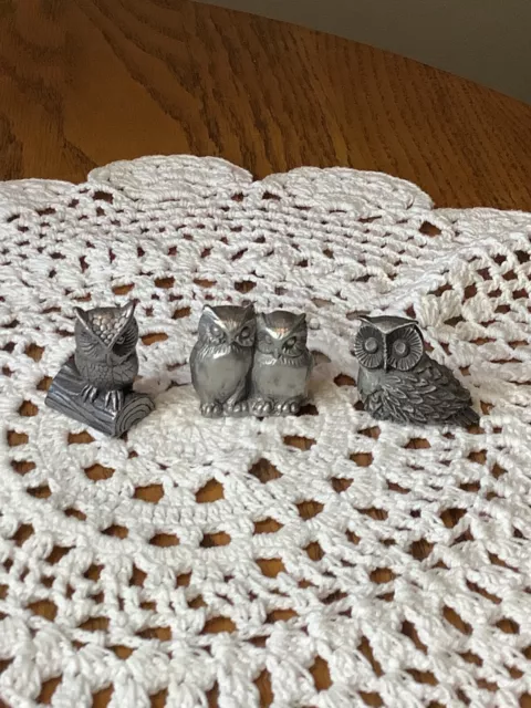 set of 3 Vintage Pewter Metal Owls owl on branch, 2 owls together, one single 