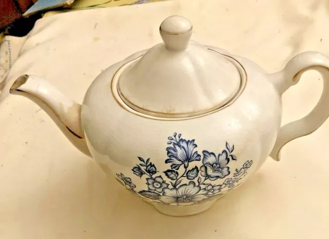 Wood & Sons Burslem England Ironstone Teapot   Alpine White Blue Flowers