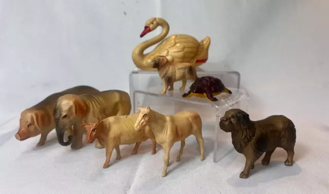 Pre 1940's Celluloid Toy Animal Lot Of 8 Elephant Pig Cow Swan Horse Dogs Turtle