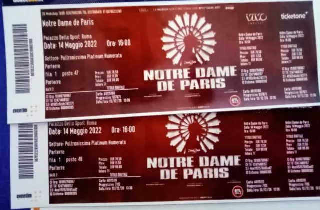 Vendo due biglietti per spettacolo Notre dame de Paris a Roma il 14 maggio.