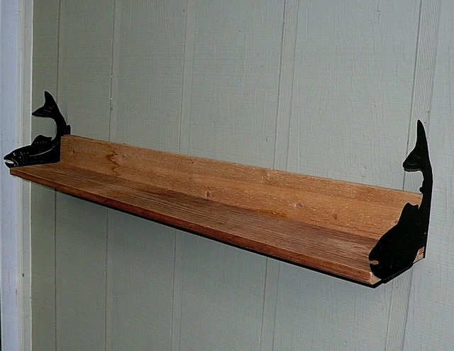 BARN WOOD shelf of Reclaimed ROUGH CUT CEDAR w/ TROUT / SALMON metal endcaps 47"