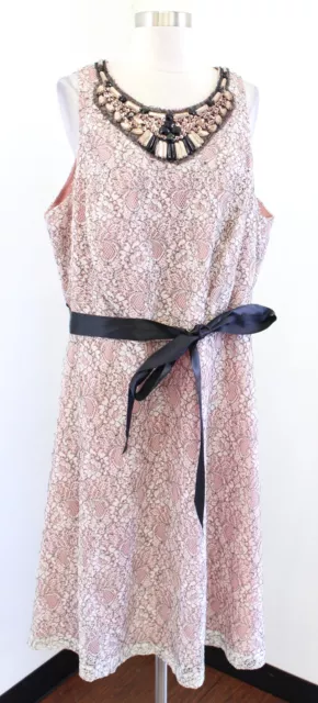 Lovely Adrianna Papell Pink Lace Beaded Cocktail Party Dress Size 22W Flared