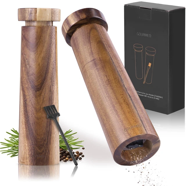 Moulin à Sel Et Poivre Bois D'Acacia Avec Soucoupe - Broyeur Céramique - Écologique FSC