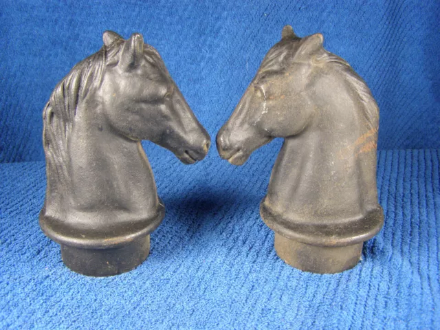 TWO Vintage Cast Iron HORSE HEAD Fence Post Tops