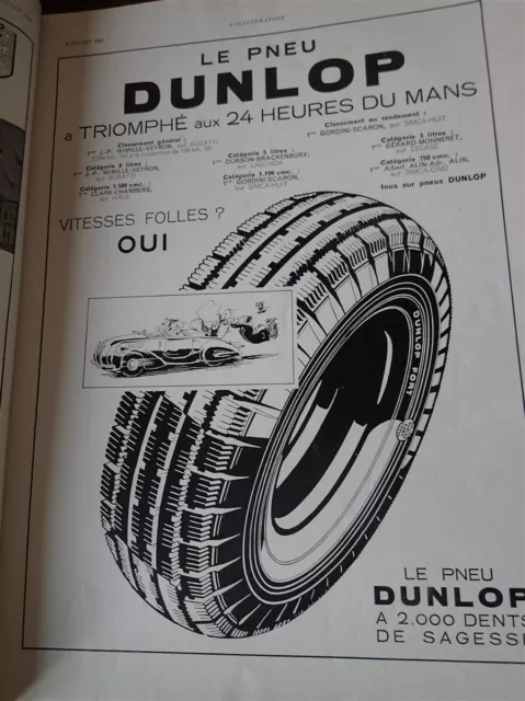 DUNLOP pneu triomphe aux 24 heures MANS publicité papier ILLUSTRATION 1939 col