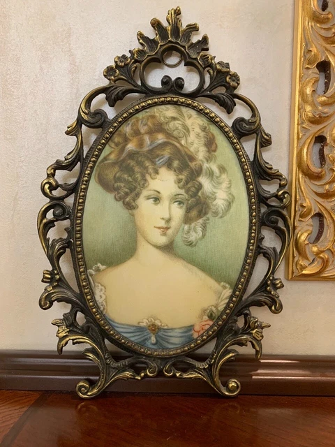 Wall Panel Painting Silkscreen Portrait Lady Girl Framed Brass Tatyana Larina