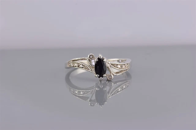 Vintage Sterling Silver Black Tourmaline Marquise Band Ring Avon 925 Sz: 10