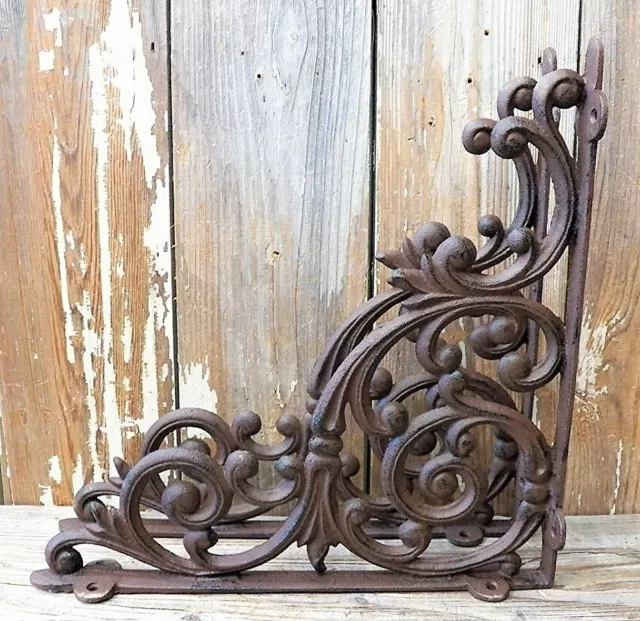 Set of 2 X-LARGE Cast Iron Shelf Brackets Rustic Brown Antique-Style 13" x 13"