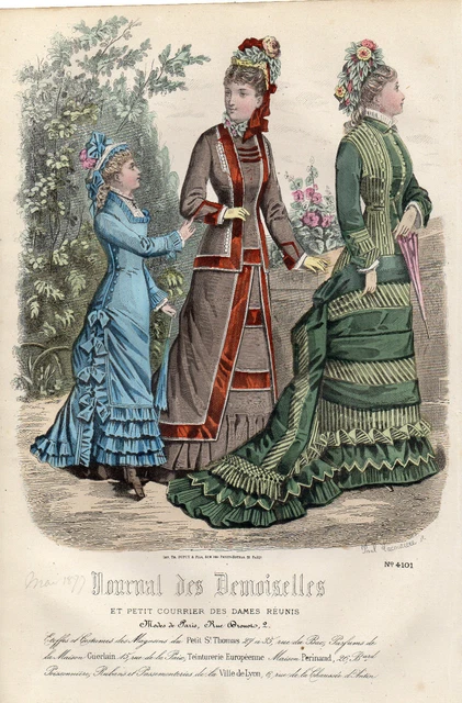 58/ GRAVURE DE MODE "  JOURNAL des DEMOISELLES " 1877 SUPERBES COULEURS !