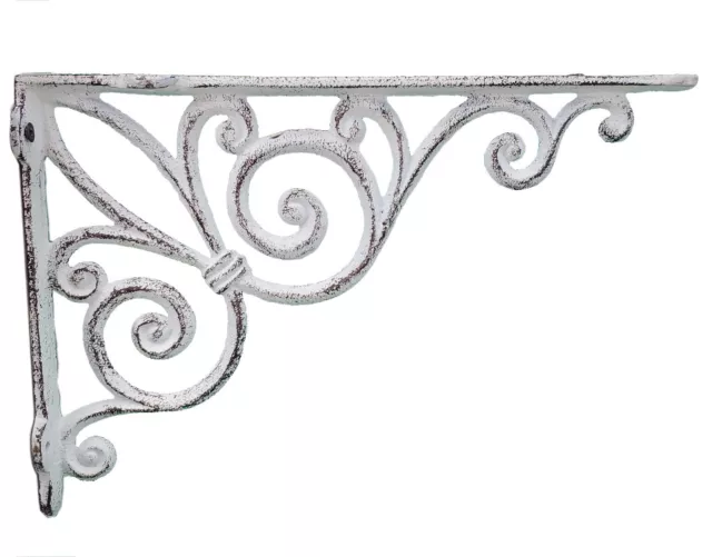 Shelf Bracket Ribbon Fleur De Lis Distressed White Cast Iron Brace 11.375" Deep