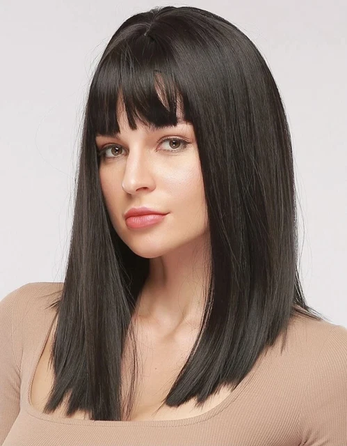 Perruque Synthétique Longue Brun Foncé Lisse Avec Frange - Bonnet Moyen, Style Naturel Et Facile à Porter