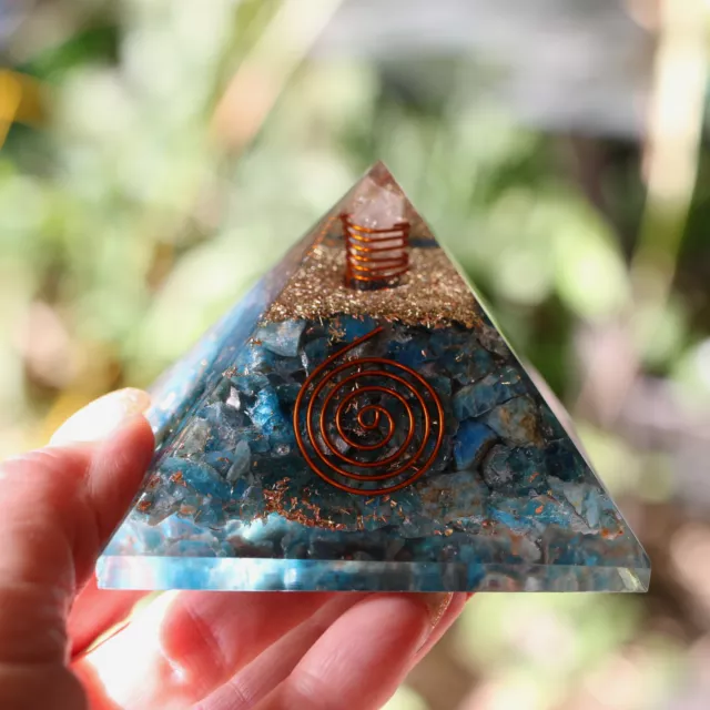 Entirely Zen Natural Blue Apatite Orgone Pyramid XL 75mm 3in EMF & 5G Protection