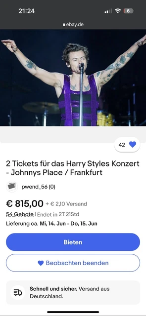 2 Tickets für das Harry Styles Konzert - Johnnys Place/Frankfurt *ACHTUNG SCAM* 2 Tickets für das Harry Styles Konzert - Johnnys Place/Frankfurt *ACHTUNG SCAM*