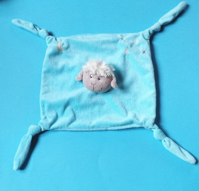 🐻 DOUDOU PLAT "Carré Blanc" Mouton Étoiles 🌟 Et Lune 🌙 26cm 🔵