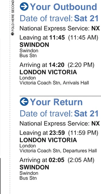 National Express Tickets Swindon- Lon Victoria 21/10/23