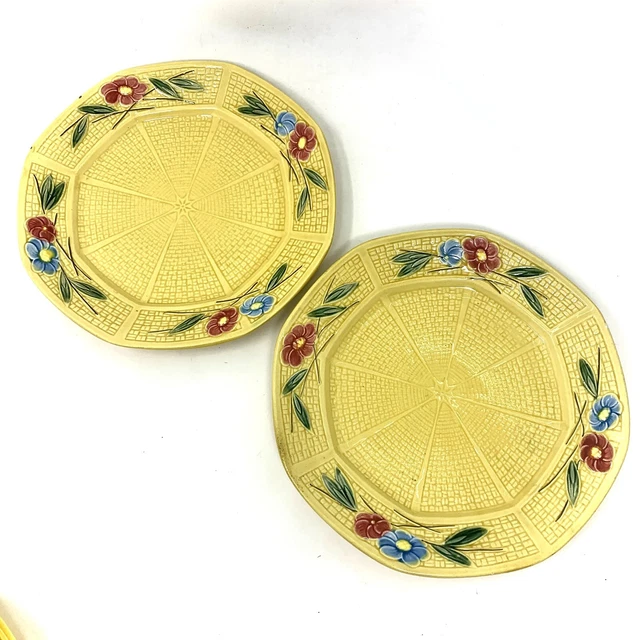 Majolica LDBC Salad Dessert Plate Basket Weave Pattern Yellow Germany 1930s 2pc