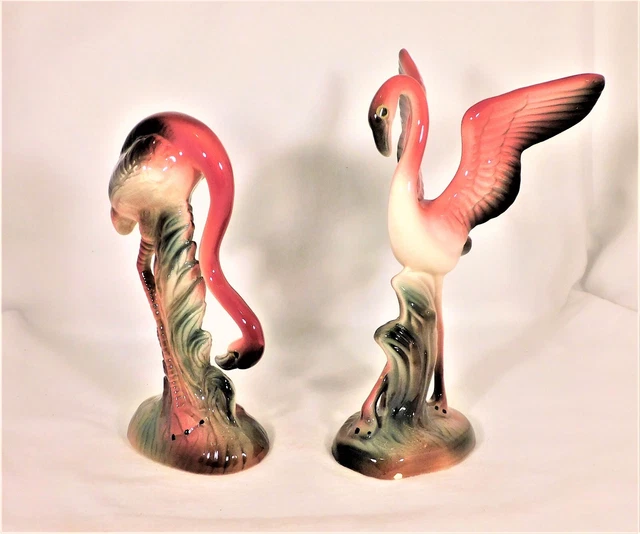 Vtg Pair Flamingo Figurines Pink Ceramic 1 Spread Winged 1 Head Down Unsigned