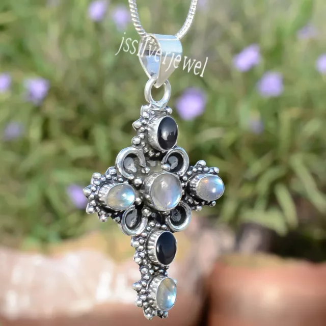 Labradorite, Black Onyx Oval Gemstone Cross 925 Sterling Silver Pendentif...