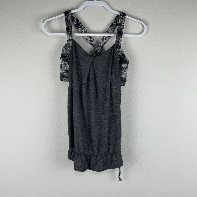 Lululemon Heathered Black Flowabunga Black Angel Wing Rest Less Tank Top Size 6