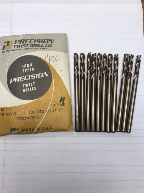 11 pcs.  1/4 COBALT 135 DEGREE SP/SP TYPE D JOBBERS DRILLS. PTD USA(loc S7)