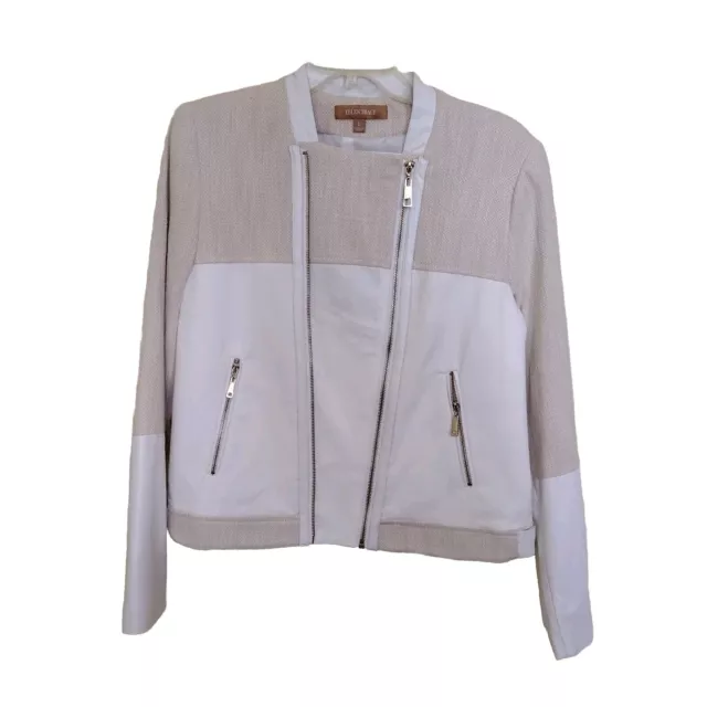 Ellen Tracy Off White Asymmetrical Zip Faux Leather Tweed Crop Jacket Size Large