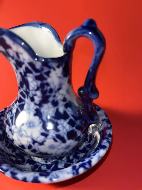 Vintage Victoria Ware Blue and White Ironstone Calico Small Bowl 4" Pitcher Set 3