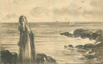 Cp Illustree Jeune Femme Dans Rochers Au Bord De La Mer