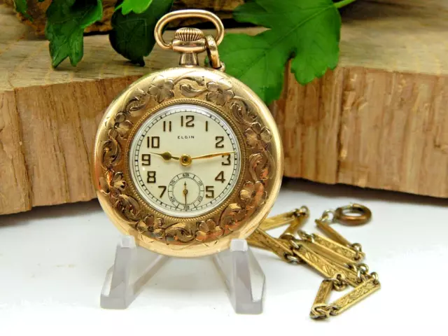 Vintage Antique Elgin Gents pocket watch 10S 7J 20 year gold filled with chain 2