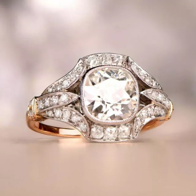 Art Deco Style 2Ct Cushion Lab-Created Diamond Engagement Two-Tone Silver Ring