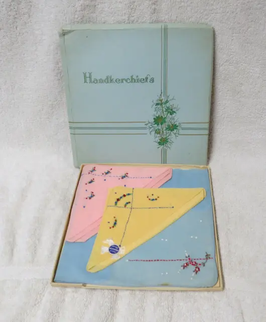 VINTAGE Handkerchiefs Boxed Set - NOS - 3-Colors Finest Hand Embroidery - GREAT!