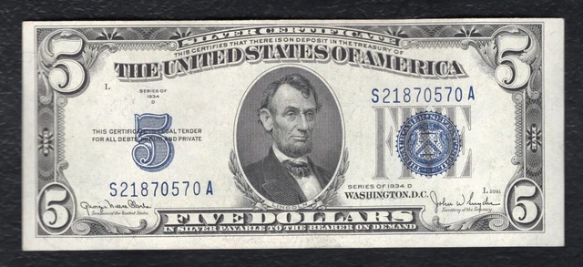 1934-D $5 Five Dollars Silver Certificate Currency Note Choice Uncirculated (B)