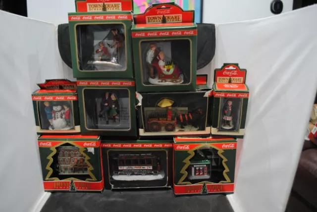 Lot Of 10 Coca Cola Christmas Village Town Square Trim Tree Bottle Advertising