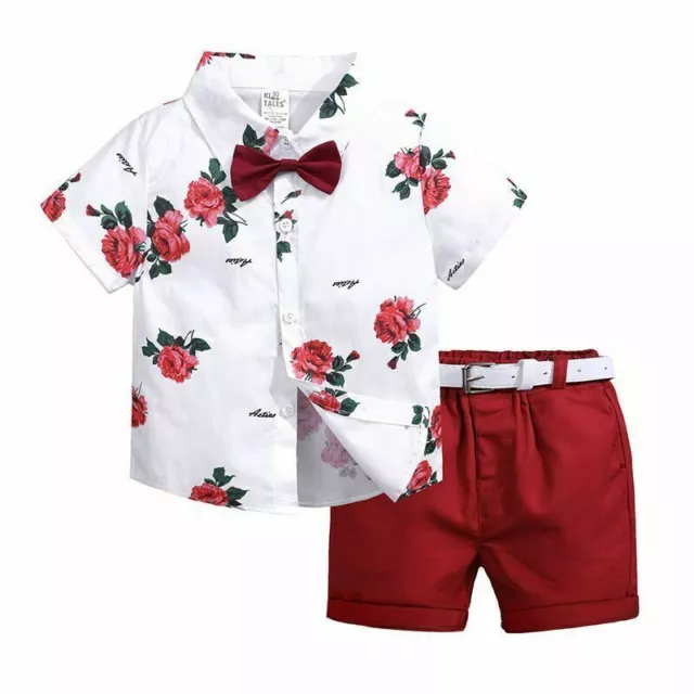 3pcs Toddler Kids Baby Boys Suit Short Sleeve Floral Blouse + Shorts + Belt Set