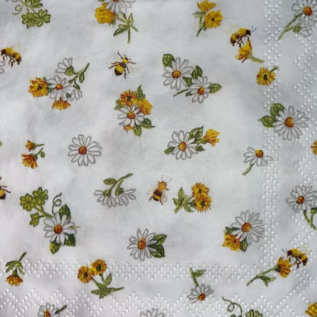 5 x Paper Cocktail Napkins/Decoupage/Craft/Daisy Flowers Bees on White -BC80