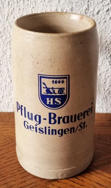 Toller 1 Liter Steingut Bierkrug - Pflug Brauerei Geislingen Steige um 1920/30