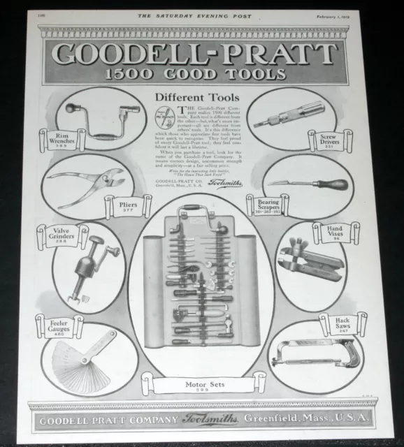 1919 Old Magazine Print Ad, Goodell-Pratt Co, 1500 Good Tools, #599 Motor Sets!