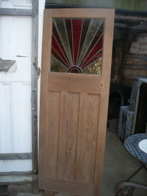 Reclaimed 1930s  stripped pine,  stained glass internal door with sunburst #2