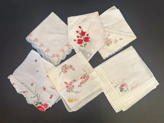 Vintage Set 6 Embroidered Ass’t Roses Swiss Handkerchief Hankies Fine New