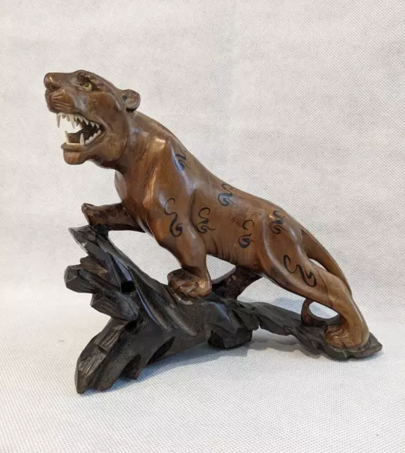 Vintage Chinese Hand Carved Wood Sculpture of a Jaguar.