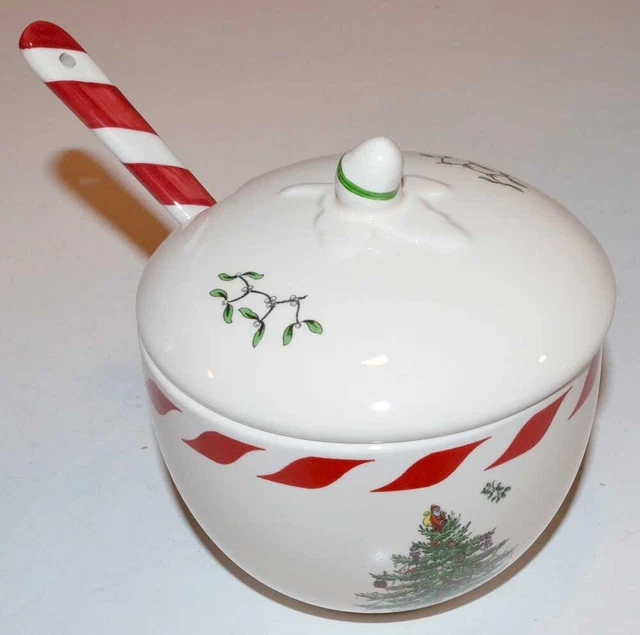 Spode Christmas Tree Peppermint Covered Jar With Spoon - Sugar, Jam, Jelly, Bowl