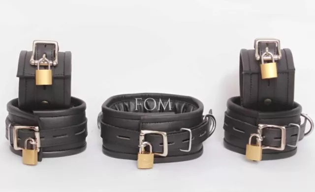 Real Leather Padded Handcuffs Wrist Ankle Cuffs Neck Collar Bondage Set Adult