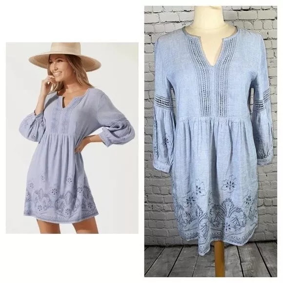 Tommy Bahama Embroidered Dress Blue St Lucia Linen Swim Cover Up size Small