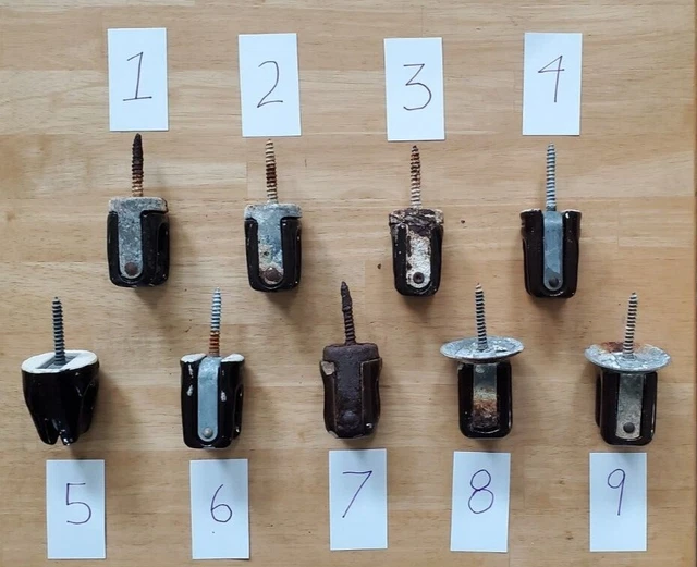 Nine Vintage Brown Glazed Porcelain Ceramic Electric Pole Wire Guide Insulators  2