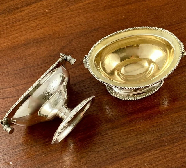 (2) Pristine Coin Silver Parcel Gilt Master Salts Tassles Roped Rims